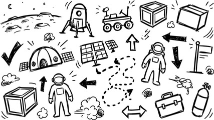Space Exploration Hand Drawn Doodles Set: Astronauts, Lunar Base, Moon Rover, Lander, Solar Panels, and Mission Equipment Illustration on White Background © LorisP