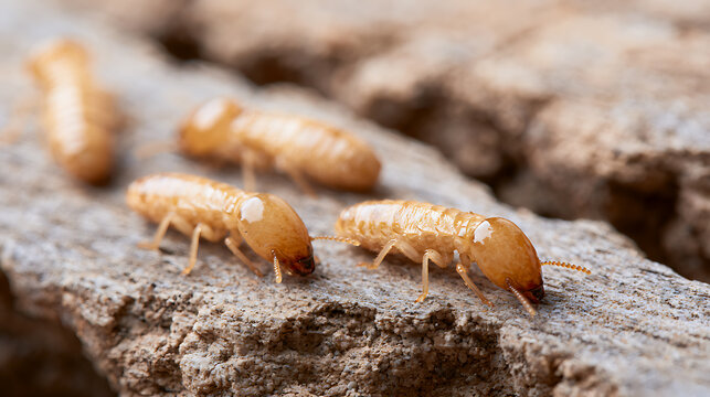 Macro view of several subterranean termites (Rhinotermitidae) colonizing and consuming damaged wood, illustrating pest problem and damage
