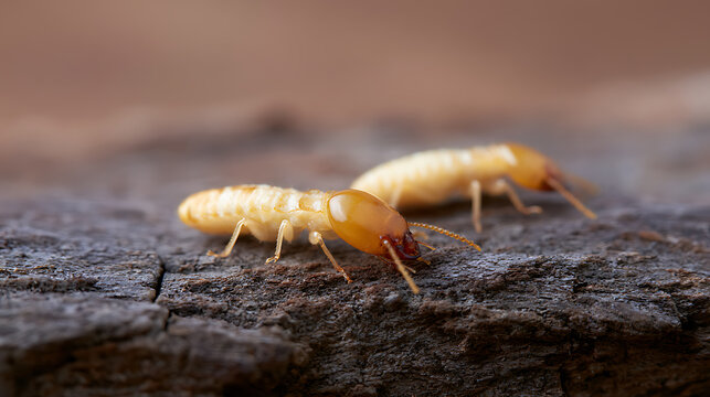 Close-up macro view of two subterranean termites, Reticulitermes, on damaged dark wood, highlighting pest infestation and decay problems