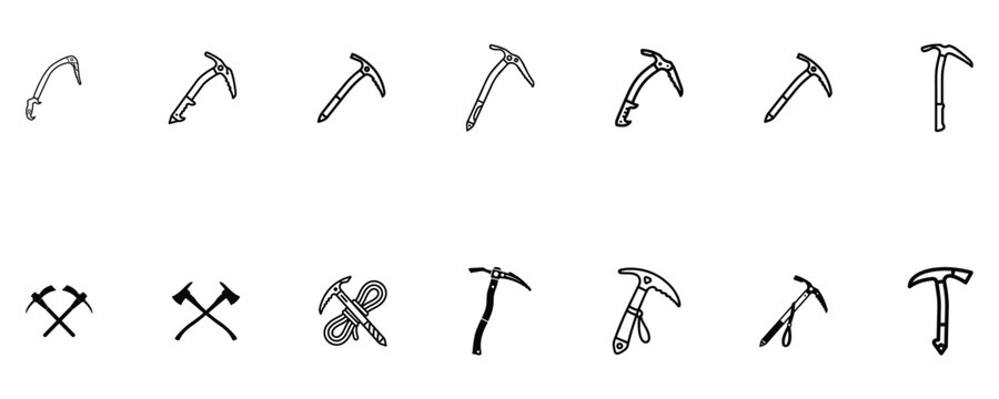 set of mountaineering ice axe icons with climbing gear