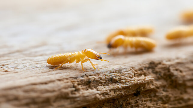 Close up of a destructive insect, a termite (Isoptera), with others blurred in the background on rough, damaged wood texture