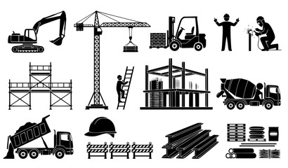 Construction site silhouette with excavator tower crane forklift workers and building project vector set © Jahangir
