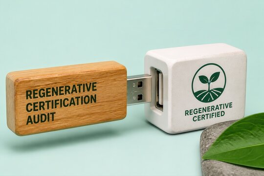 Sustainability certification on USB drive with regenerative concept