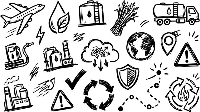 Hand-Drawn Biofuel and Sustainable Aviation Fuel Icons Set Featuring Renewable Energy, Industrial Refinery, Logistics, and Environmental Protection Elements in a Doodle Illustration Style