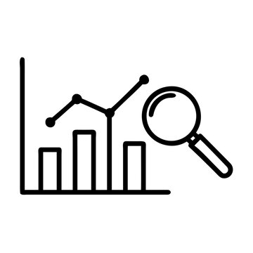 Financial data analysis icon with bar chart and magnifying glass tool.