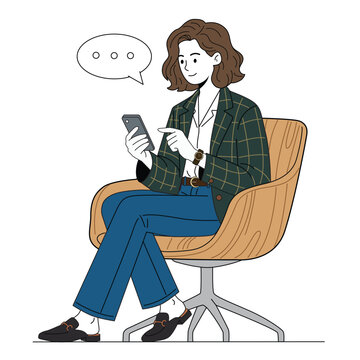 An elegant young woman sitting in a modern office chair and texting on her smartphone.