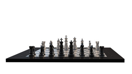 3D render of a glossy black and white chessboard set on a transparent white background, perfect for business strategy, intelligence, competition, tactical decisions, and leadership concepts. © igor.nayda