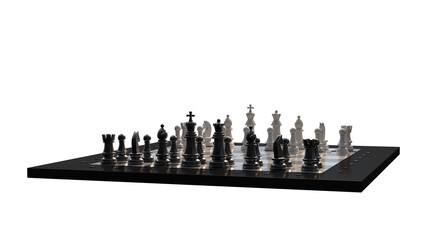 3D render of a glossy black and white chessboard set on a transparent white background, perfect for business strategy, intelligence, competition, tactical decisions, and leadership concepts. © igor.nayda