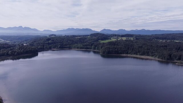 Aerial View of a Man-Made Reservoir in the Foothills North of the Alps. Seehamer See, Germany