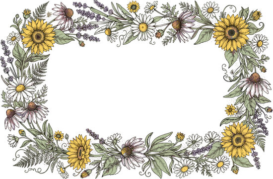 Elegant botanical wildflower rectangular border vector frame decorated with vintage hand drawn sunflowers lavender coneflowers and white daisies