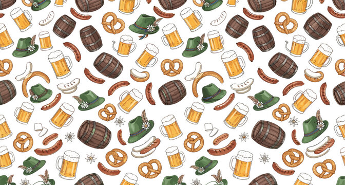Oktoberfest seamless pattern vector background with traditional beer mugs alpine hats wooden barrels german sausages pretzels and white sausages