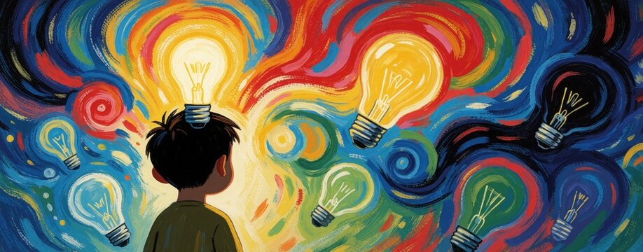Young boy has light bulb moment. His mind shows colorful energy and many ideas. Child thinks, brainstorms creative solutions. New concept discovery.