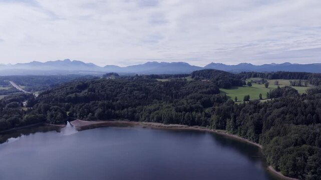 Aerial View of a Man-Made Reservoir in the Foothills North of the Alps. Seehamer See, Germany