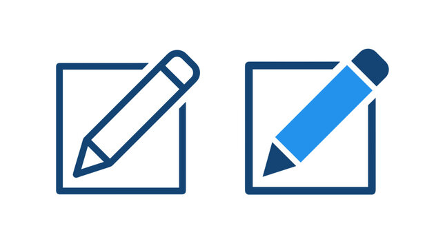Two icons representing editing: one is an outline of a pencil in a square, the other is a solid blue pencil.