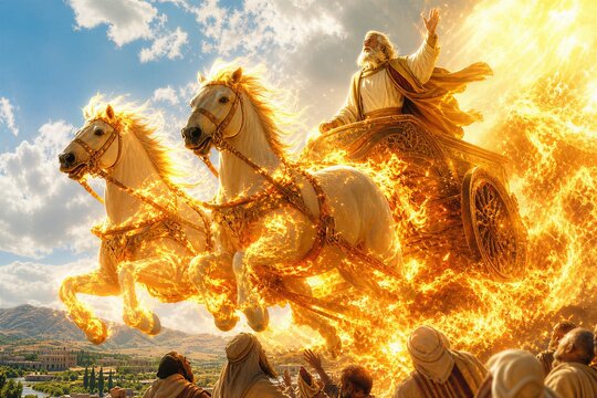 Elijah's Fiery Chariot Ascension: Old Testament Prophet's Divine Intervention and Heavenly Ascent with Flaming Horses in Ancient Near East.
