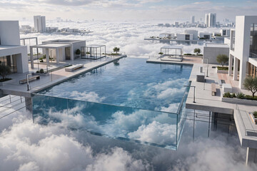 Fototapeta premium Futuristic floating cityscape with transparent pool above clouds, showcasing advanced cybernetic architecture