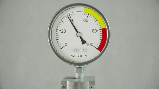 Pressure gauge needle drops from red to zero. Symbolizes oil, gas & geopolitical crisis relief, diplomatic success, global peace treaty. 3D animation includes text and clear dial versions.