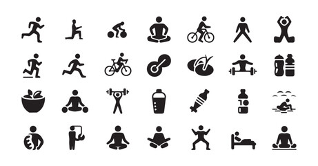Obraz premium Active sport and fitness icon collection showing people running training lifting weights biking and healthy eating.