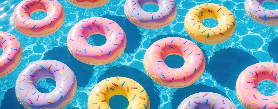 Inflatable donuts float on clear blue pool water surface. Sweet pastel rings with sprinkles bob on sparkling waves. Perfect for summer fun party and vacation themes.