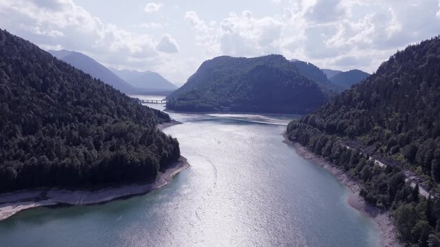 Aerial View of a Mountain Reservoir During Summer Drought with Low Water Levels. Sylvensteinspeicher, Germany