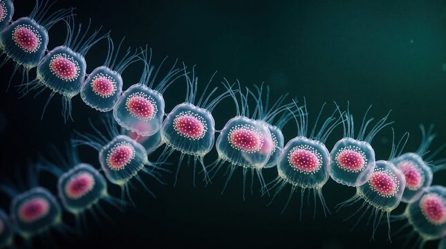 Microscopic view of colorful marine plankton chains floating in deep sea water. Transparent biological organisms with pink cores, tiny cilia filaments drift in dark oceanic environment. Scientific