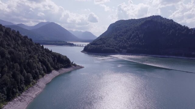 Aerial View of a Mountain Reservoir During Summer Drought with Low Water Levels. Sylvensteinspeicher, Germany