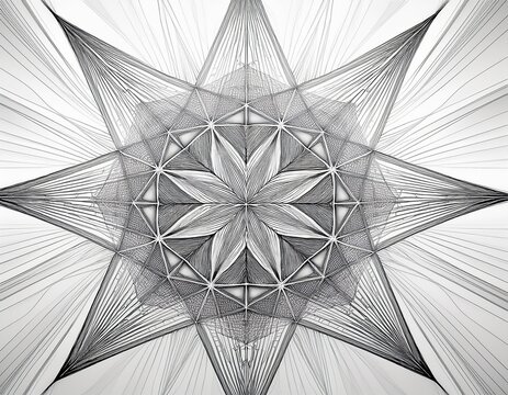 intricate abstract geometric star pattern complex wireframe fractal design with symmetrical polygonal lines on a clean white background