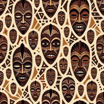 Seamless pattern features diverse african tribal masks with intricate geometric designs. Masks in brown beige tones display varied expressions on cream background. Tribal art decor.
