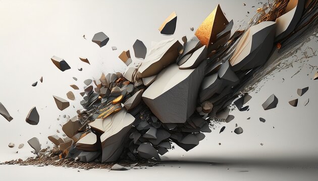 abstract stone debris falling on white background ai generated