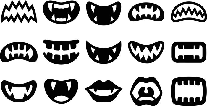 Set of various cartoon monster mouths and teeth silhouettes with silhouettes creature halloween grinning expression elements collection isolated illustration