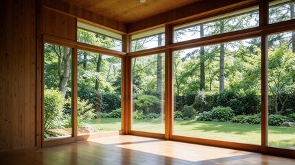 Fototapeta premium Empty room with wood walls, floor. Large glass windows offer view of green trees in sunny garden. Bright natural light fills minimalist living space. Modern house architecture with timber paneling.