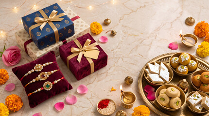 Fototapeta premium Raksha Bandhan gift boxes and traditional Indian sweets arranged on table. Festive celebration presents with colorful rakhi threads and mithai for...