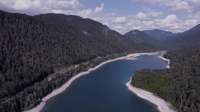 Aerial View of a Mountain Reservoir During Summer Drought with Low Water Levels. Sylvensteinspeicher, Germany