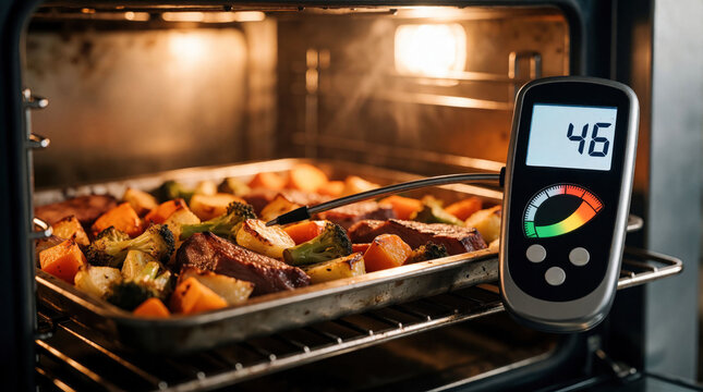 Digital thermometer probe measures temperature of roasted vegetables, meat inside commercial kitchen oven. Chef monitors heat level of cooking dish with electronic gauge display. Metal tray holds