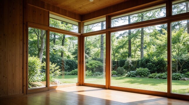 Empty room with wood walls, floor. Large glass windows offer view of green trees in sunny garden. Bright natural light fills minimalist living space. Modern house architecture with timber paneling.