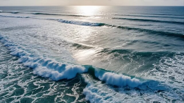 Aerial View of Ocean Waves Rolling at Sunset