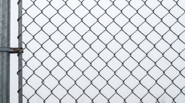 Close view of a steel wire mesh fence attached to a metal pole outdoors.