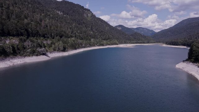 Aerial View of a Mountain Reservoir During Summer Drought with Low Water Levels. Sylvensteinspeicher, Germany
