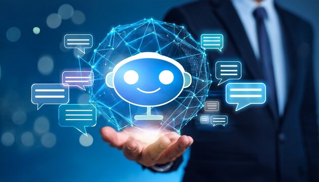 business professional holding a glowing digital chatbot interface with customer service communication bubbles