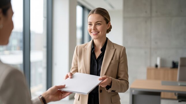 Smiling businesswoman handing white folder document to colleague during job interview or contract signing in modern bright corporate office space