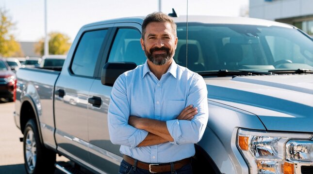 Smiling Hispanic male sales representative stands at modern auto dealership lot. Man wears blue shirt with crossed arms near silver pickup truck. Confident car dealer pro poses for business portrait