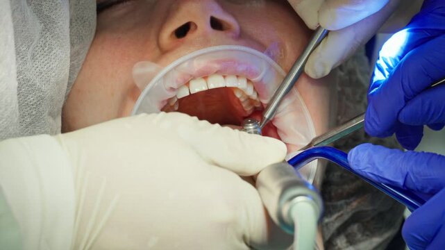  A close-up of dentists drilling a hole for a dental implant in the jaw of a young adult female patient with a dental drill, while draining excess saliva. Footage of a real-life surgical procedure