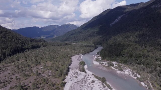 Aerial View of a Mountain River Valley Near the River&rsquo;s Source. Isar River, Germany