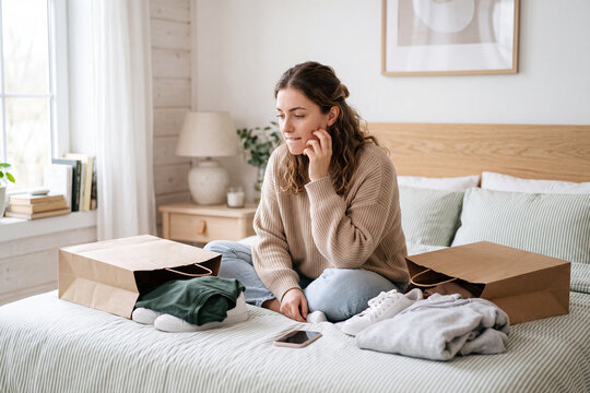 Gen Z person on bed surrounded by new shopping bags reflects on impulsive spending guilt.