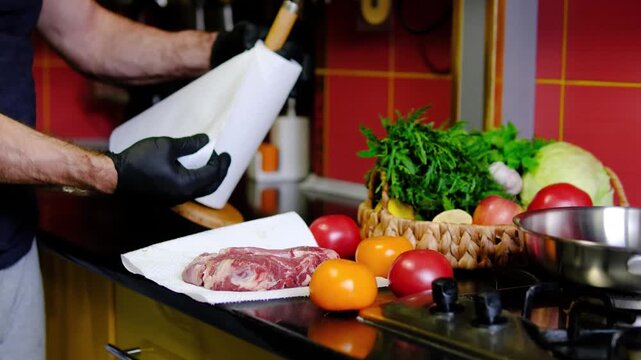 A chef gently presses a white paper towel against the beef to absorb excess moisture before frying. Dry meat helps create a crisp golden crust during cooking.