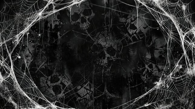 Halloween Horror Background with Gothic Skulls and Cobwebs, Vintage Ornament and Bones Pattern Border, Spooky Dark Texture for Flyer, Party Invitation