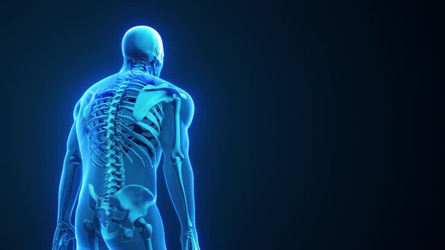 Human having back pain due to slouching with copy space