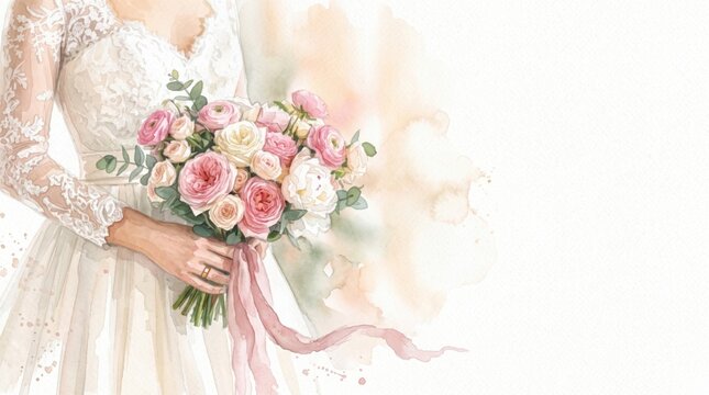 Watercolor Painting Illustration of Bride Hands Holding Wedding Bouquet with Pink Peonies, Roses, Eucalyptus and Ribbon, Blurred Art Background with Copy Space