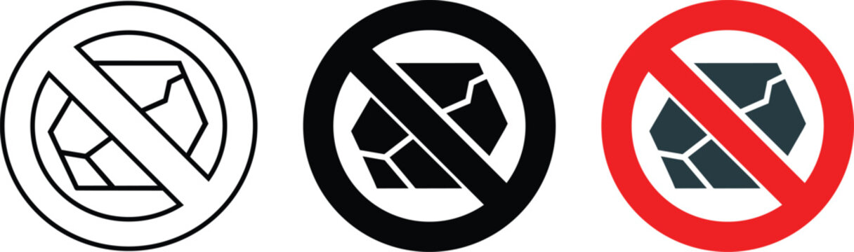 No stones prohibition sign icons set with black solid silhouette, and red warning circle symbols forbidding throwing rocks and diagonal bar