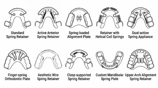 A collection of various orthodontic spring retainer and dental alignment appliance designs.